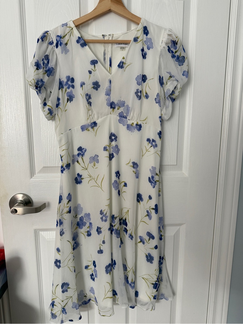 Calvin Klein White Midi Dress with Blue Floral Print